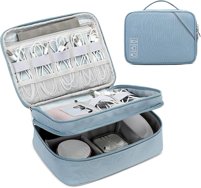 Lanola Electronic Accessories Case,Electronics Travel Organizer, Portable Double Layer Cable Storage Bag for Cord, Charger, Flash Drive, Phone, SD Card,Flash Drive,Adapter - Light Blue