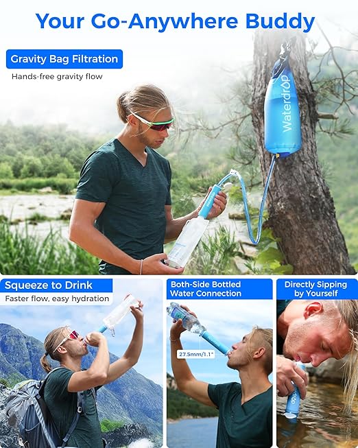 Waterdrop Gravity Water Filter Straw, Camping Water Filtration System, Water Purifier Survival for Travel, Backpacking and Emergency Preparedness, 1.5 gal Bag, 5 Stage Filtration, Pack of 2