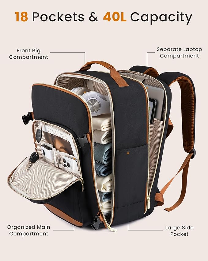 LOVEVOOK 40L Large Travel Backpack for Women, Carry on Backpack Airline Approved, Waterproof Travel Essentials fits 18" Laptop, TSA Personal Item Travels Bag Sports Backpack with 3 Packing Cubes