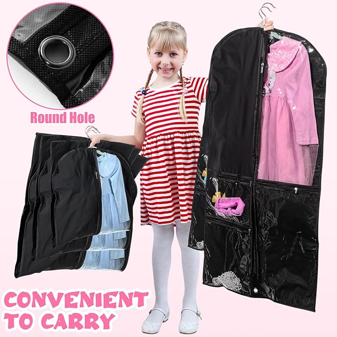 Woanger 6 Pcs Garment Bags for Dance Costumes Clear PVC with Zippers Garment Bag with Pockets Dance Costume Organizer Carrier for Storage Cover for Adult(Black,20'' X 40'',24'' X 50'',24'' X 60'')