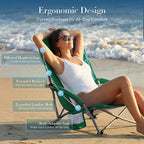DUMOS Low Beach Chair for Adults, Lightweight Folding Beach Chair with Cup Holder, Storage Bag, Breeze Mesh Back, Padded Armrests, Compact Low Profile Chair for Camp, Picnic, Lawn, Sand