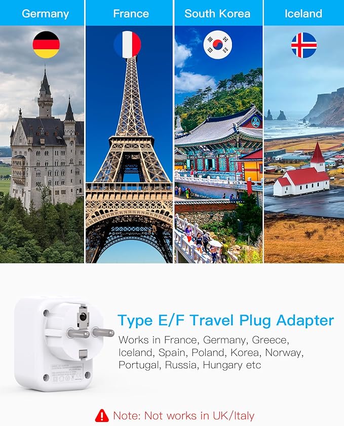 HANYCONY Type E F Plug Adapter, Germany France Travel Plug Adapter with 2 Outlets 3 USB Ports(2 USB C)，Schuko Plug Power Adaptor for US to Europe EU Spain Iceland Korea Greece German French