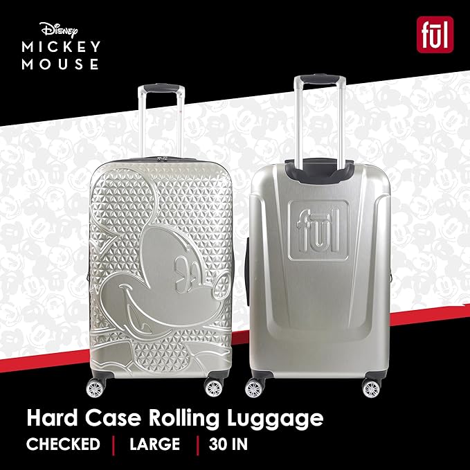 FUL Disney Mickey Mouse 30 Inch Rolling Luggage, Hardshell Suitcase with Spinner Wheels, Silver