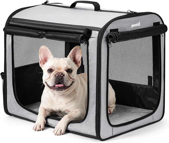 Dog Car Carrier Light Weight 24×17.7×20.5in, Dog Carrier Easy to Assemble, Dog Car Crate Portable and Breathable, Foldable Pet Carrier for Indoor and Outdoor, Dog Travel Crate with Curtain Gray
