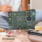 Vintage Boho Mandala Floral Makeup Bag, Ethnic Moroccan Mexican Talavera Tile Cosmetic Bags for Women, Mexican Gifts for Women, Traditional Green Block Print Zipper Makeup Pouch