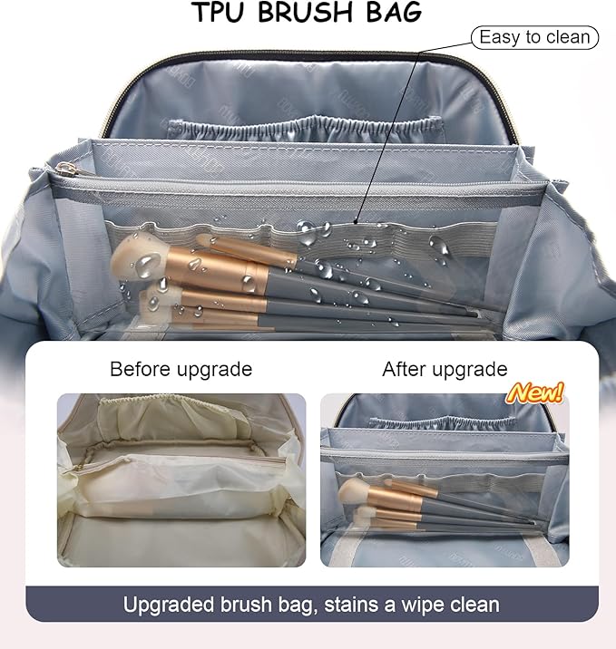 BOYATU Travel Makeup Bags Cosmetic Organizer Bag: 3 Pcs Set Large Capacity Make up Bag with Compartments - Waterproof Leather Toiletry Bags with Handle for Women (B-Blue)