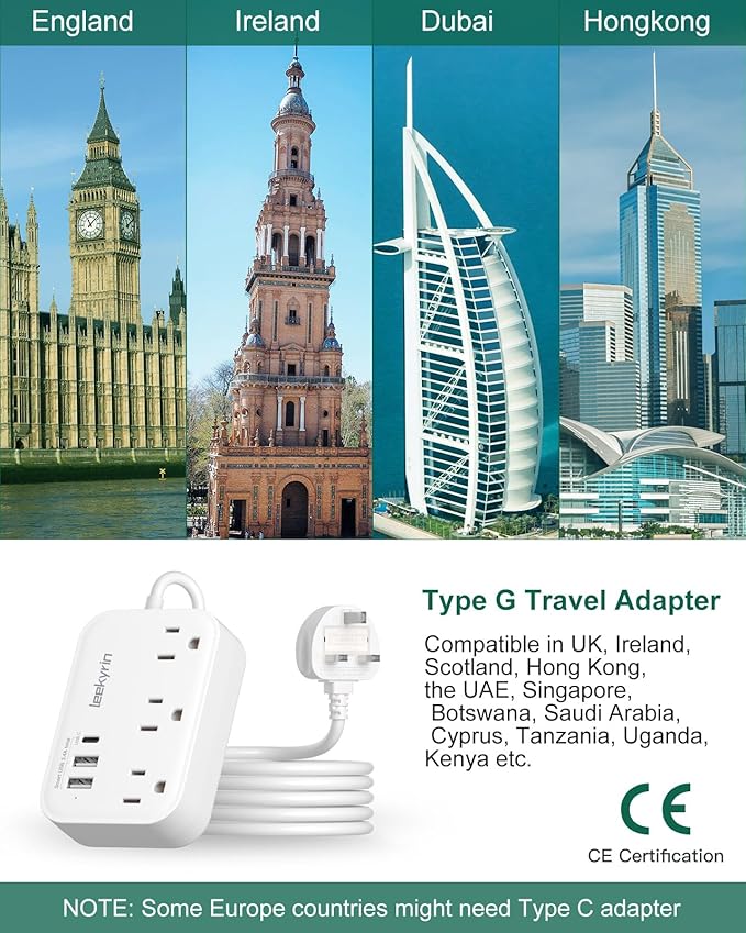 UK Adapters for Travel(13A), US to UK Plug Adapter with 3 Outlets 3 USB Charging Ports (USB-C), Type G Travel Adapter with 3FT Extension Cord, USA to Scotland British London England Irish Dubai