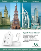 UK Adapters for Travel(13A), US to UK Plug Adapter with 3 Outlets 3 USB Charging Ports (USB-C), Type G Travel Adapter with 3FT Extension Cord, USA to Scotland British London England Irish Dubai