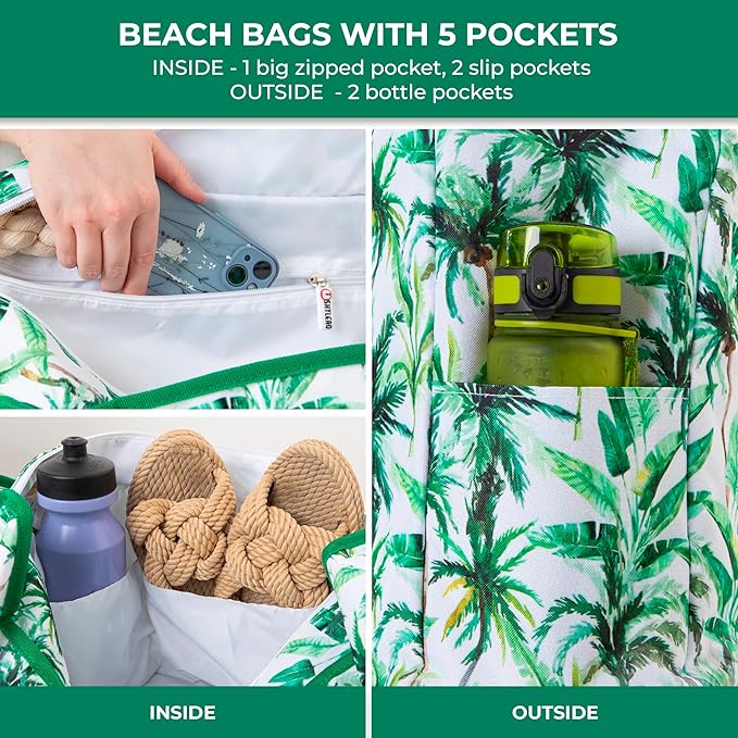 Beach Bag and Pool Bag Has Cooler Pocket, 7 Pockets Total, Zip Top. Family Size Waterproof Beach Tote