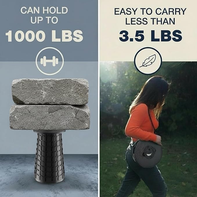 2025 XXL Collapsible Stool, 19.7" Tall, 1000lbs Max Weight, Wider & Taller Pop Up Seat, Heavy Duty Portable Retractable Folding Chair, Gift for Camping & Outdoors
