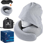 Travel Pillow - Hooded Neck Pillow Airplane Memory Foam Filling for Plane, Cars Sleeping, Road Trip, Long Flights, Airplane Travel Essentials, Includes Eye Mask & Earplugs (Light Gray)