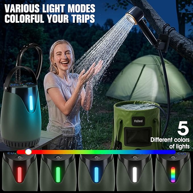 FizZeal Portable Shower for Camping, 8000mAh Rechargeable Portable Camping Shower Pump with 6.6 Gallons Foldable Bucket, 5 Speed & LED Display,Rinse Kit Portable Outdoor Camping Travel Shower Head