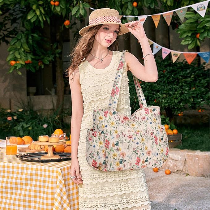 Corduroy Tote Bag for Women,Large Capacity Cute Tote Bags With 6 Pockets,Crossbody Shoulder Handbag for Work Travel Gym