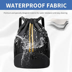 JELUTAR Drawstring Backpack Gym Bag with Shoes Compartment for Soccer, Basketball, Swim, Water-Resistant String Backpack Beach Cinch for Women Men, Black Gold