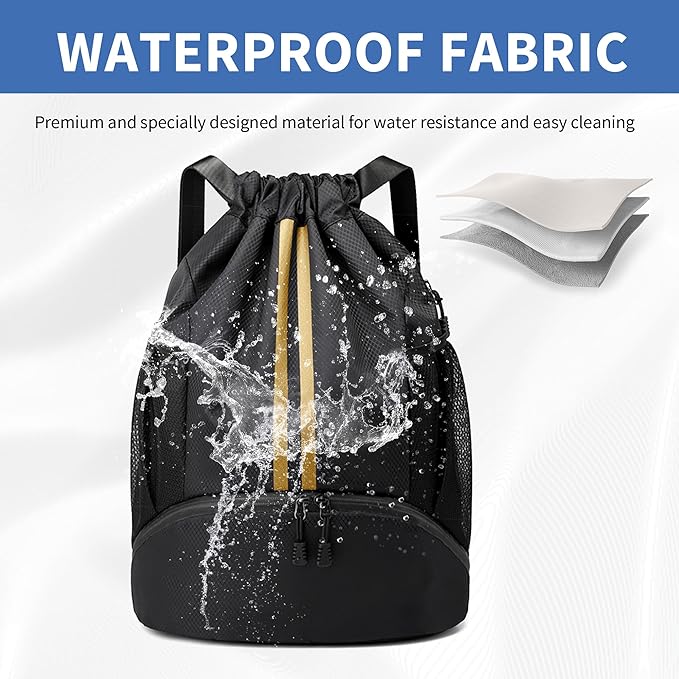 JELUTAR Drawstring Backpack Gym Bag with Shoes Compartment for Soccer, Basketball, Swim, Water-Resistant String Backpack Beach Cinch for Women Men, Black Gold