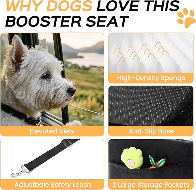 HiPetpy Dog Car Seat 6" Elevated Memory Foam Booster Seat for Small Medium Dogs Under 35 lbs with Pet Blanket, Washable Pet Car Seat with Safety Leash, Anti-Slip Base and Storage Pockets