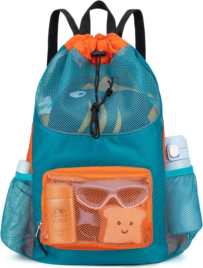 Swim Bag for Kids Mesh Beach Backpack for Boys Lightweight Drawstring Beach Bag Swimming Pool Sports Gym String Bag (Green)