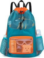 Swim Bag for Kids Mesh Beach Backpack for Boys Lightweight Drawstring Beach Bag Swimming Pool Sports Gym String Bag (Green)
