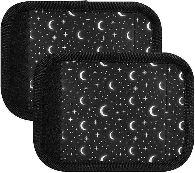 White Moons Stars Black Suitcase Handle Wraps with Writable Luggage Tags, 5.9 x 4.3 Inches Durable Polyester 2 Pack Luggage Handle Wraps for Backpack Strap Pads