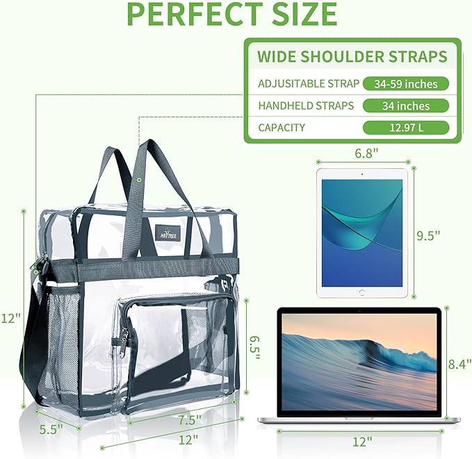 MAY TREE Clear Bag for Stadium Events 12×6×12 Clear Tote Lunch Bag with Reinforced Straps for Work, Sporting Events and Gym, Grey
