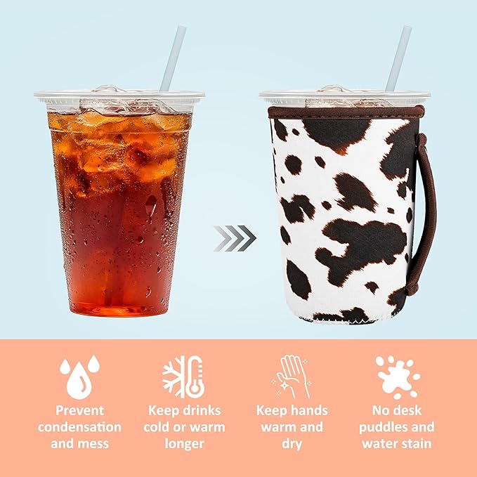 KJQJLY 3 Pack Reusable Iced Coffee Sleeves for Iced Coffee Cups or Drinks Reusable Neoprene Insulated Sleeves for Hot and Cold Drinks from Starbucks, Dunkin, And More (Brown cow)