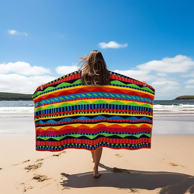 COTTON CRAFT Oversized Beach Towel - 2 Pack XL 39 x 68 inches Big & Huge Beach Blanket Towel - 100% Cotton Jacquard Velour - Super Soft Luxury - Pool Picnic Bath - Cozumel Red Blue Yellow