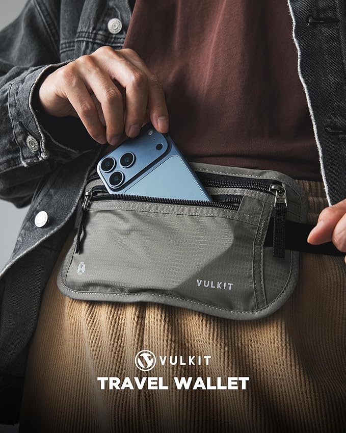 VULKIT Money Belt for Travel, Hidden Passport Holder, Anti-Theft Travel Wallet Under Clothes, RFID Blocking Waist Pouch, Undercover Fanny Pack, Cool Gray