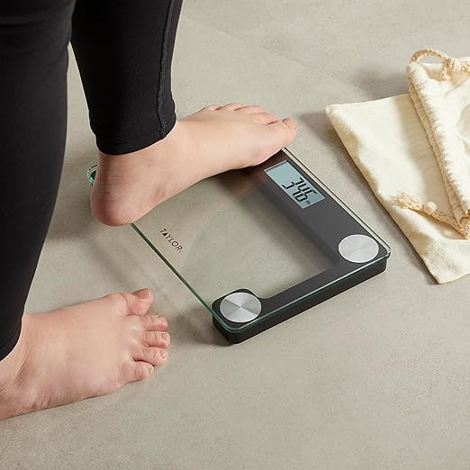 Taylor Digital Bathroom Scale for Body Weight with Travel Bag - Clear Glass Platform, 400 lb Capacity, Stainless Steel Accents, Triplex Display