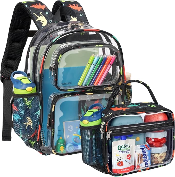 Bagseri 2pcs Clear Backpack for Boys - 15 Inch School Bag with Clear Lunch Bag, Heavy Duty Transparent Bookbag for Kindergarten to Grade 2, Fits Folders, Black Dinosaur