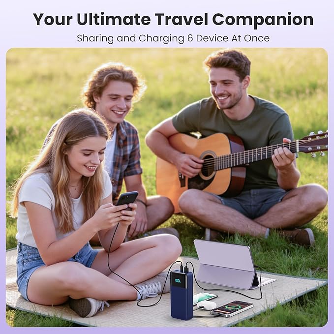 Portable Charger Power Bank 50800mAh,25W USB C Fast Charging Battery Pack with 3 Built in Cables & LED Display,6 Output 2 Input Travel Essentials Phone Charger for iPhone 17/16/15,Android etc (Blue)