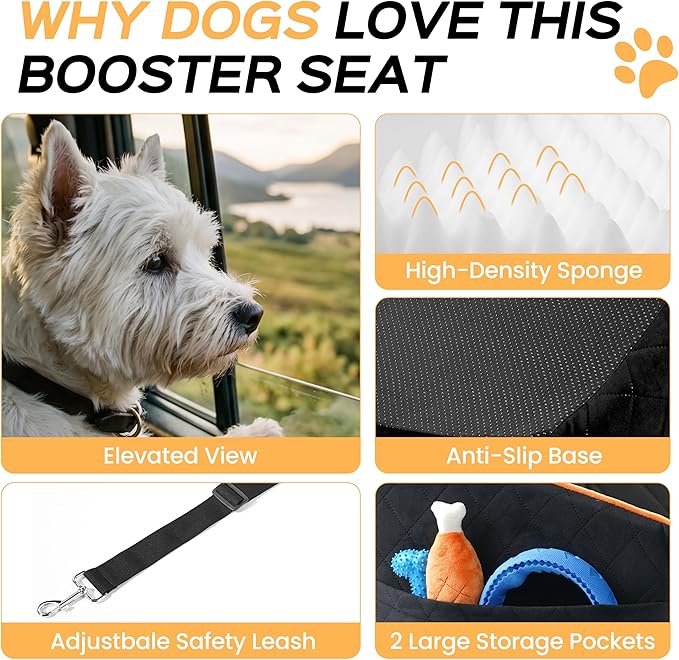 HiPetpy Dog Car Seat 6" Elevated Memory Foam Booster Seat for Small Medium Dogs Under 35 lbs with Pet Blanket, Washable Pet Car Seat with Safety Leash, Anti-Slip Base and Storage Pockets