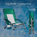 DUMOS Low Beach Chair for Adults, Lightweight Folding Beach Chair with Cup Holder, Storage Bag, Breeze Mesh Back, Padded Armrests, Compact Low Profile Chair for Camp, Picnic, Lawn, Sand
