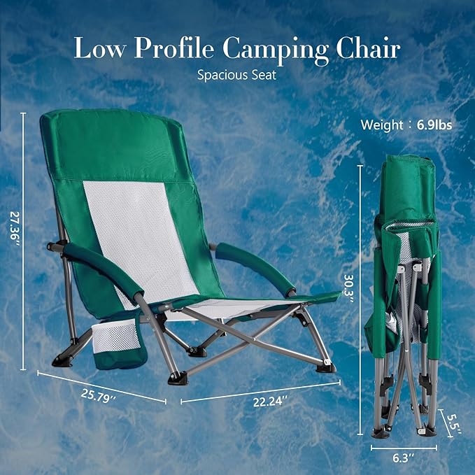 DUMOS Low Beach Chair for Adults, Lightweight Folding Beach Chair with Cup Holder, Storage Bag, Breeze Mesh Back, Padded Armrests, Compact Low Profile Chair for Camp, Picnic, Lawn, Sand