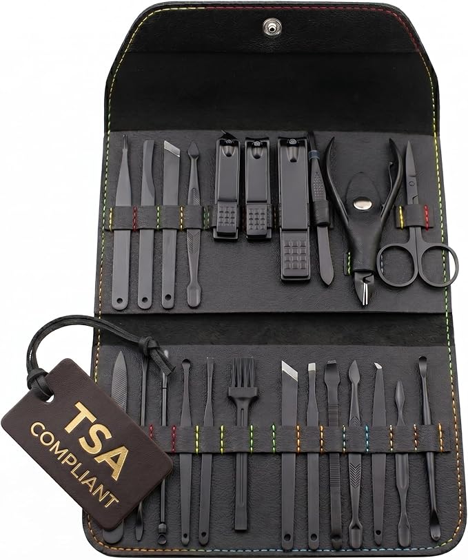 Earth & I Precision-Forged Stainless Steel Manicure Set - 16pc Satin Black Finish Nail Clippers for Thick Nails - TSA Compliant Travel Grooming System - Pedicure & Facial Care Kit - Gift Box