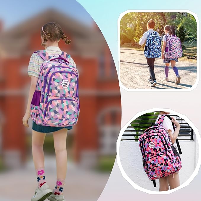 Bansusu Geometric Print Backpacks for Girls Boys School, Capacity School Girls Backpacks for Kids Water-resistant Bookbags, Black-S