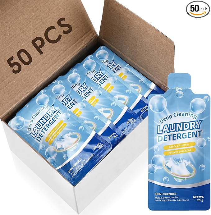 Loopeer 50 Pcs Individual Travel Laundry Detergent 0.88 oz Portable Detergent Packets Travel Size Single Use Liquid Soap for Traveler Hostel Essentials Cleaning