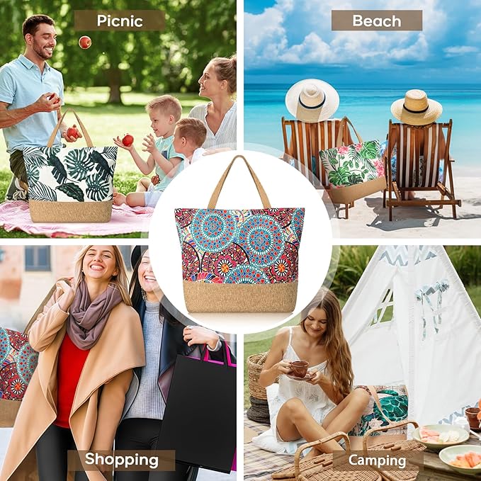 Trifabricy Beach Bag for Women, Large Beach Tote Bags with Zipper, Woven Straw Tote Waterproof, Swim Gym Shopping Travel Bag