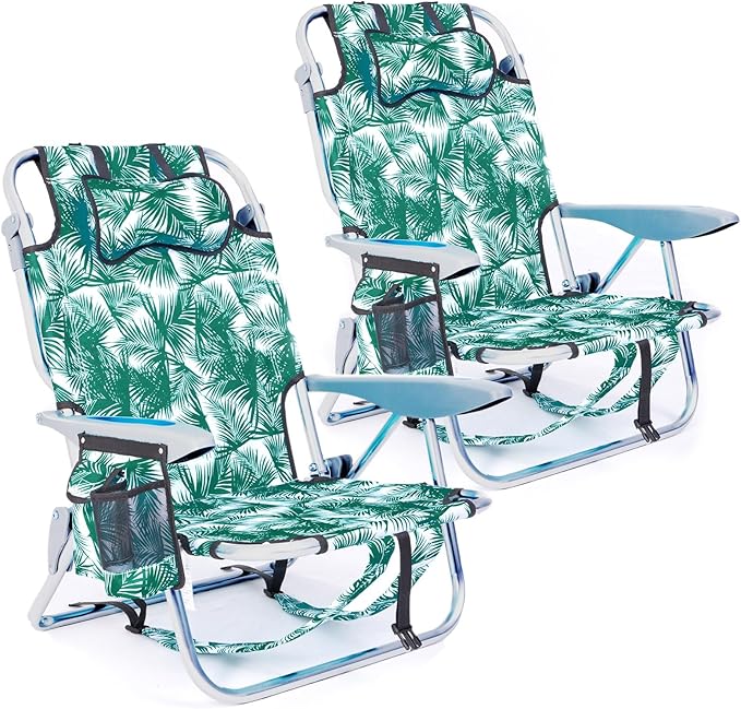 2 Pack Lightweight Portable Camping Beach Chair for Adults, Outdoor Lay Flat Folding Beach Chairs with 5 Positions, Backpack Beach Chair with Towel Bar, Zipper Pouch, Cup Holder, Green Leaves