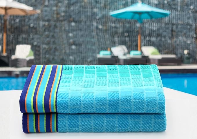 COTTON CRAFT Oversized Beach Towel - 2 Pack 35 x 70 Big & Huge Towel Set - 100% Cotton - Pool Picnic Bath Towel - Plush Terry Jacquard Velour 450 GSM Thick Super Soft Absorbent Luxury - Blue Tiles