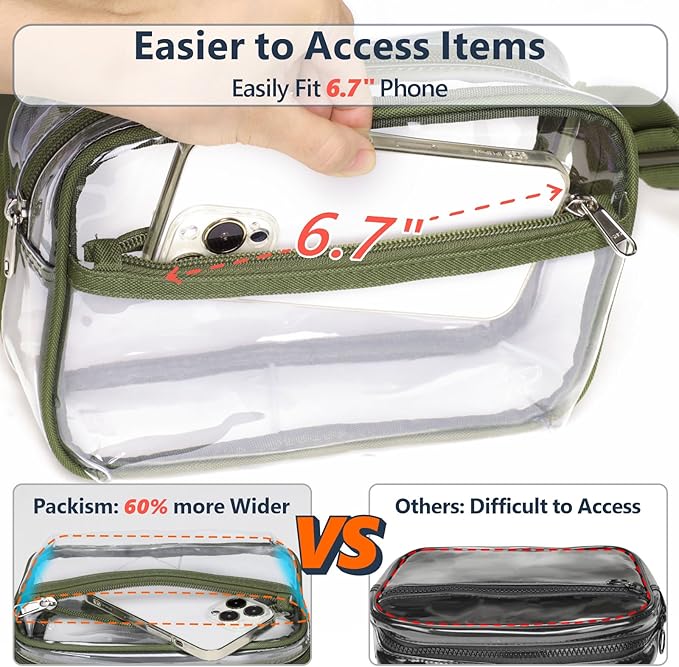 Packism Clear Fanny Pack Stadium Approved - Plus Size 35-51 inches Adjustable Strap Clear Belt Bag for Women Men Transparent Waist Bag for Concerts, Sporting Events, Green