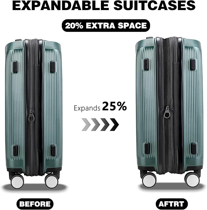 20 Inch Lightweight Expandable Carry On Luggage, PC Hardside Suitcase with Spinner Wheels & TSA Lock, Carry-on 20-Inch, Green