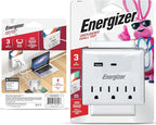 Energizer 2 Pack of Multi Plug Wall Outlet Extender (3 AC Power Outlets, 1 Type C Port, 1 USB A Port - 2.1A Total) Grounded Power Strip Expander