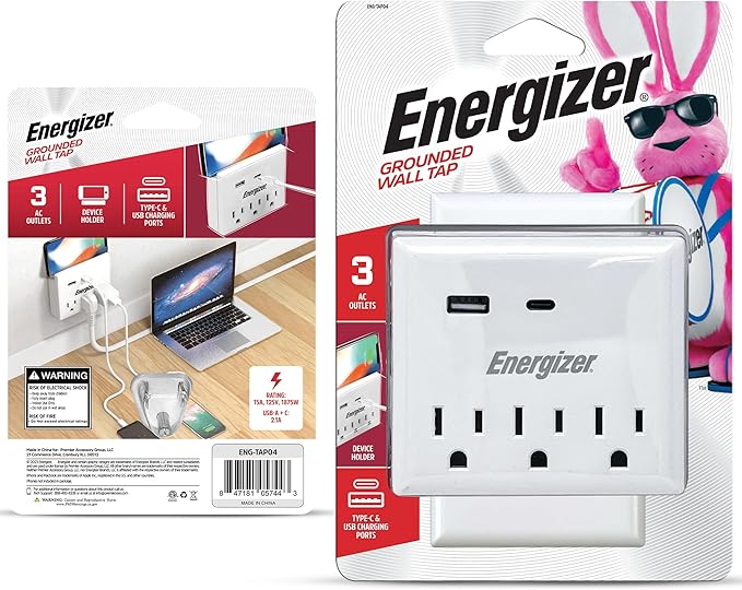 Energizer 2 Pack of Multi Plug Wall Outlet Extender (3 AC Power Outlets, 1 Type C Port, 1 USB A Port - 2.1A Total) Grounded Power Strip Expander