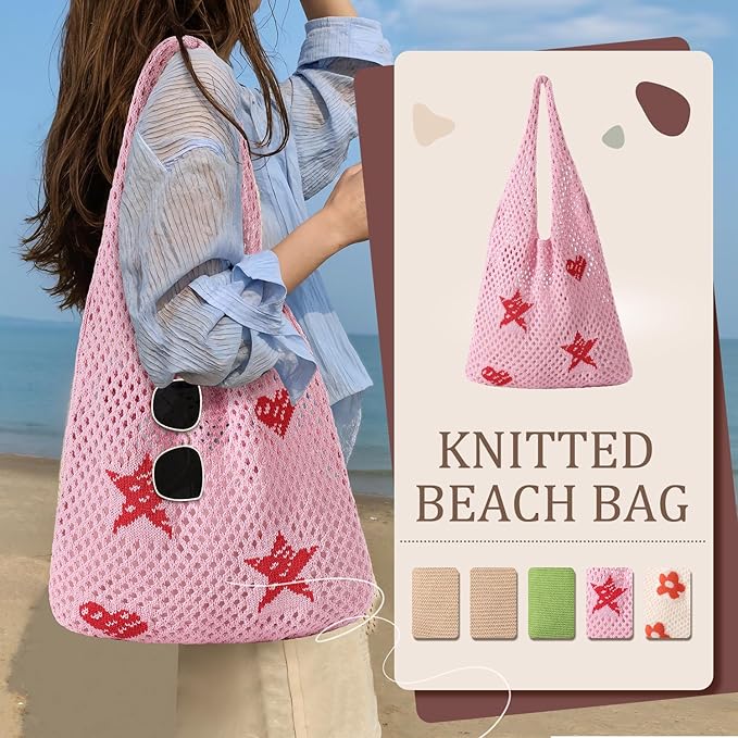 Premillow Crochet Beach Tote Bags, Stylish Mesh Beach Bags Shoulder Bag for Women, Cute Summer Vacation Boho Tote Bag