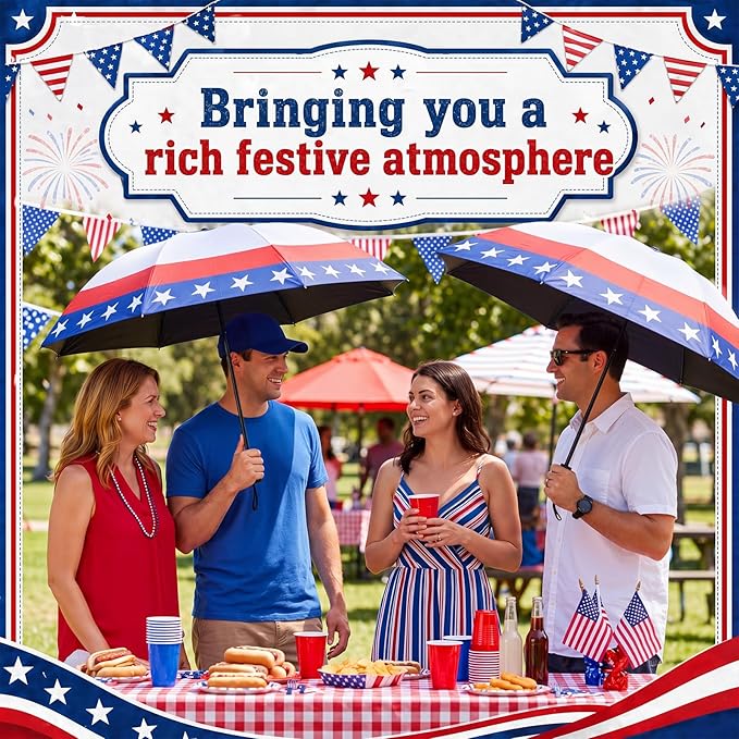 6 Pcs Patriotic American Umbrellas Red White Blue 4th of July Umbrellas with 8-Rib and Black Coating, Windproof