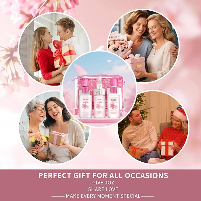 Bath and Body Travel Gift Set, 3pcs Travel Size Shower Gel Body Lotion Fragrance Mist Christmas Birthday Gift TSA-Friendly for On-the-Go Self-Care (3PCS, Japanese Cherry Blossom)