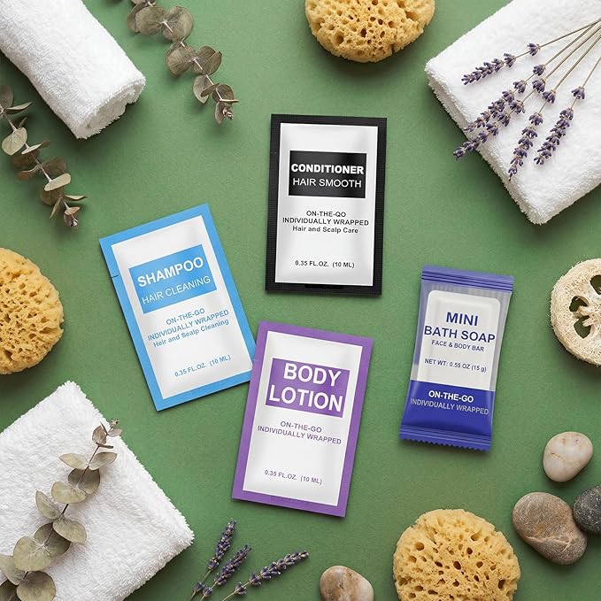 4 Sets 4-IN-1 Hotel Toiletries Bulk Set,20 Pcs 0.35 oz each Packets Shampoo,Conditioner, Body Wash and Lotion Mini Travel Size Toiletries Supplies kit for Guests,Homeless,Motel