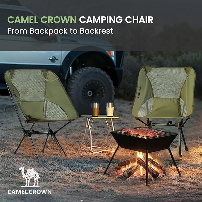 CAMEL CROWN Portable Camping Chair Lightweight Compact Folding Chair Mesh for Outdoor Camp Travel Beach Picnic Festival Hiking Backpacking Army Green 2 Pack