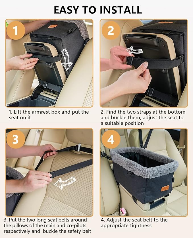 Center Console Dog Car Seat, Puppy Carseat for Small Dogs, Cat Car Seat with Metal Frame and Double Protection Seat Belts, Pet Booster Seat with Washable Cushion and Clip-on Leash Cute Plaid