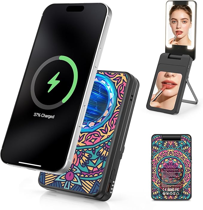 Magnetic Wireless Power Bank, 5000mAh Portable Charger with LED Makeup Mirror & Phone Stand, 20W USB-C Fast Charging Battery Pack for iPhone 17/16/15/14/13/12 Series, Black Totem
